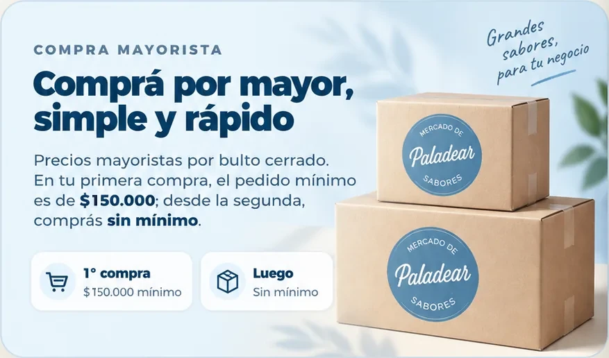 Compra mayorista simple y rápida: primer pedido mínimo de $150.000 y compras siguientes sin mínimo, siempre por bulto cerrado.